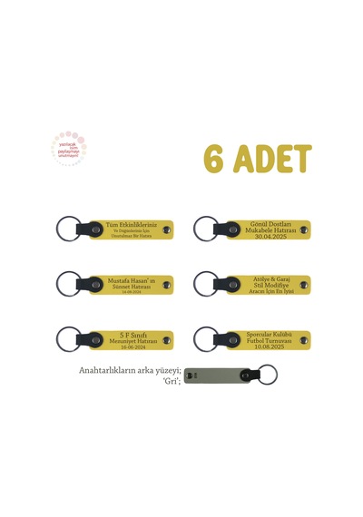 Sarı & Gri, Müzik Öğretmeninden Sınıfına Özel Hediye, 6 Lı Set, İsim Yazılabilir Deri Anahtarlık