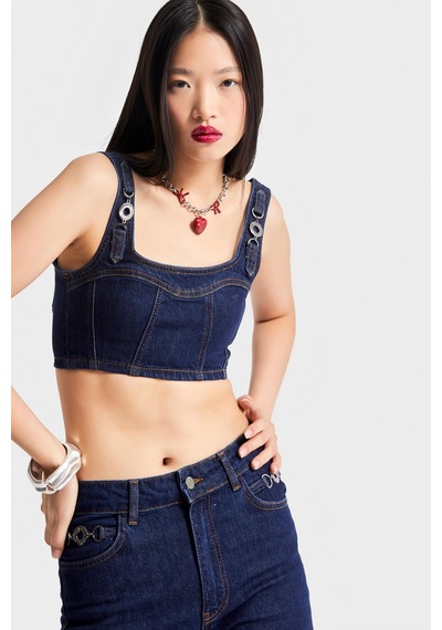 Kadın Lacivert Renk 19w5-33 Aksesuar Detaylı Askılı Esnek Kumaş Tasarım Denim Büstiyer