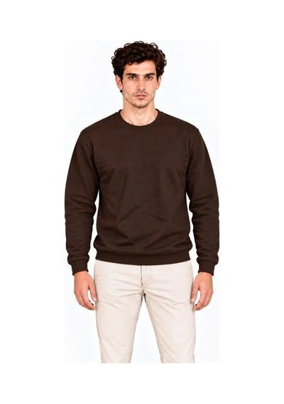 DefyModa Erkek Bisiklet Yaka İçi Şardonlu 2 İplik Düz Uzun Kollu Regular Fit Sweatshirt - Kahverengi