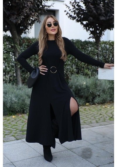 Bhrwear Kadın Uzun Kollu Bisiklet Yaka Önden Halka Detaylı Yırtmaçlı Uzun Viskon Iki Iplik Elbise Renkli