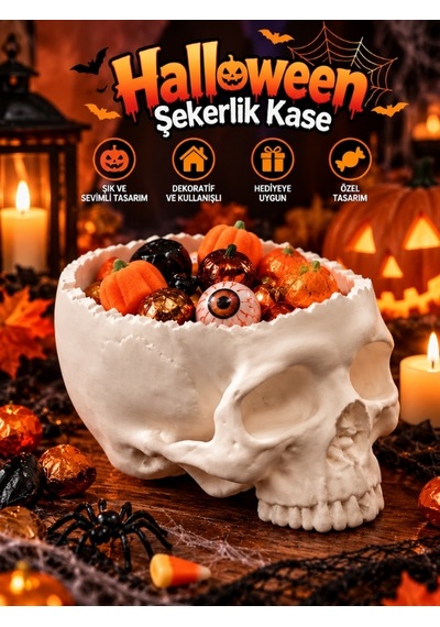 Halloween Cadılar Bayramı Dekoratif Kuru Kafa Şekerlik Kase