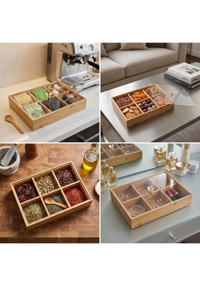 Bambu Organizer Kutu, 6 Bölmeli, Şeffaf Kapaklı, Kristal Kulplu, 30x20x6 Cm, Çay Ve Baharat Düzenleyici, Takı Düz Diğer