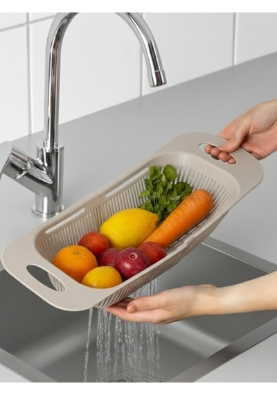 Sürgülü Ayarlanabilen Lavabo Süzgeci, Meyve Sebze Yıkama Süzgeci Evye Ayarlı Süzgeç Bej Plastik Diğer