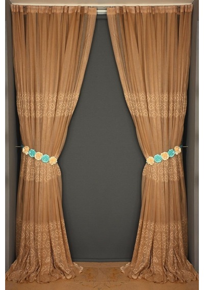 Geometrik Gold Dikilmiş Pileli Fon Perde 300x260 Cm