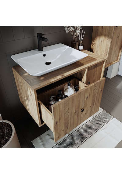 Çanak Lavabolu Mat Mdf 90 Cm Banyo Dolabı + Aynalı Dolap Atlantik Atlantik Çam
