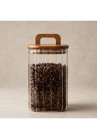 700 Ml Ahşap Kapaklı Ve Saplı Kare Oluklu Cam Kahve Saklama Kavanozu, Şeffaf Erzak Kabı, Kahve Çekirdeği, Kuruyemiş, Şeker, Bakliyat Ve Mutfak Saklama Kabı Çok Renkli