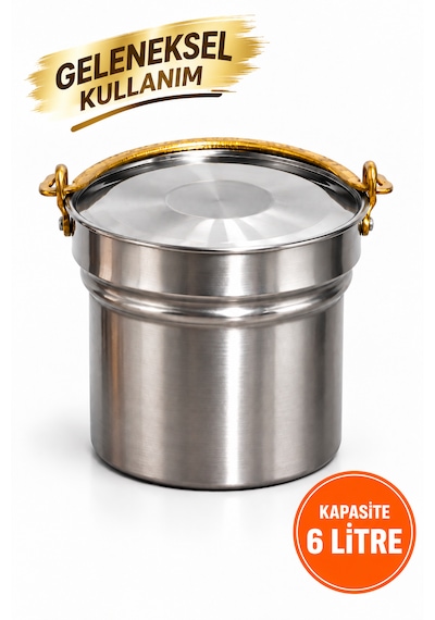 6 Litre Paslanmaz Çelik Yoğurt Mayalama Ve Süt Kabı Satır/bakraç Geleneksel Sarı Kulplu - 16 Satır Metalik