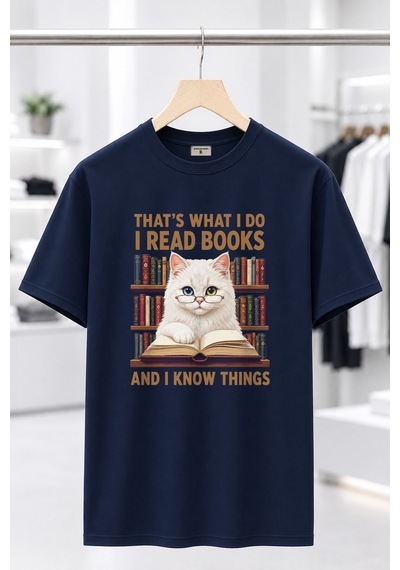 Bayloranzzo The Reader Cat %100 Pamuk Heavy Cotton Premium Kalite Kadın Tişört Lacivert