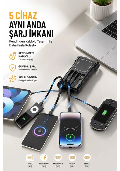 Exenar - Siyah - Güneş Enerjili Powerbank Kendinden Kablolu Solar Taşınabilir Şarj Aleti Çift Led Fenerli 10.000 Mah