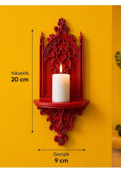 Gotik Katedral Duvar Şamdanlığı Dekoratif Mumluk Duvara Monte Gotik Duvar Dekoru 20x9 Cm Kırmızı