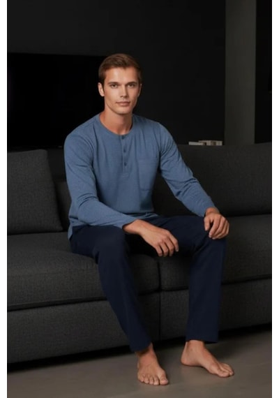 Gd Goldoremi Premium Erkek Cepli Düğmeli Yaka Uzun Kollu Pamuklu Pijama Takım Mavi