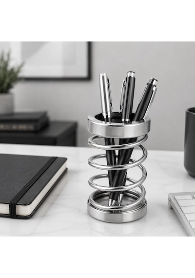 Metal Spiral Kalemlik, Paslanmaz Çelik Yay Tasarımlı Masaüstü Kalemlik, Gümüş Ofis Kalem Tutucu, Modern Masa Dü Genel