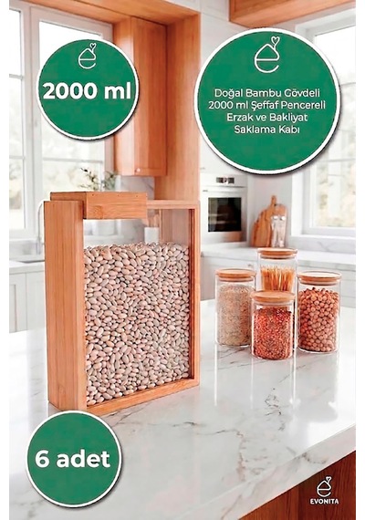 2000 Ml Bambu Kapaklı Erzak Kabı Bakliyat Saklama Kabı Mutfak Organizer Tekli Saklama Kutusu 6 Adet Kahverengi