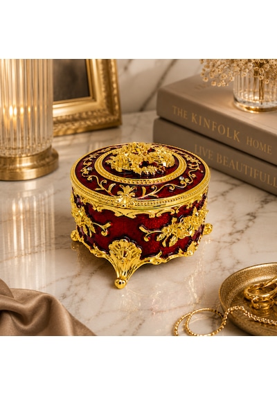 Yuvarlak Renkli Gold İşlemeli Mücevher Kutusu Kırmızı