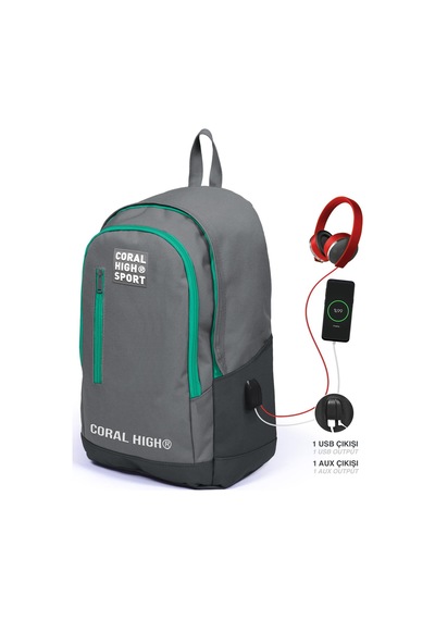 Coral High Sport Gri Üç Bölmeli Usb Şarjlı Kulaklık Çıkışlı Sırt Çantası 23233