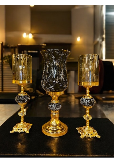 3'lü Takım Gold Detaylı Şamdan Renkli