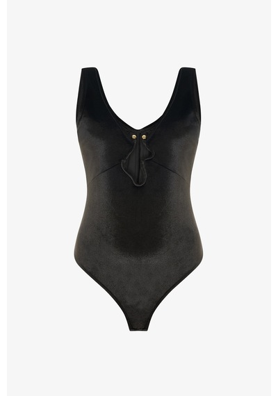 Penti Siyah Deep V Velvet Bodysuit Siyah