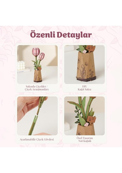 Rowood Tw082 Pembe Lale Çiçek Pink Tulip Dıy Minyatür Maket Model Ahşap 3d Wooden Puzzle Model Kit Ahşap Maket Dekoratif Hobi Seti