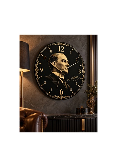 Atatürk Temalı 45 Cm Ahşap Sessiz Akar Mekanizmalı Uv Baskılı Dekoratif Duvar Saati Hediyelik 1094 Çok Renkli