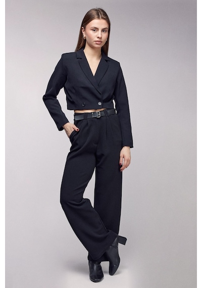 Saade Sââde Kadın Regular Fit Kruvaze Kapama Dokuma Crop Blazer Ceket -şık & Spor Siyah