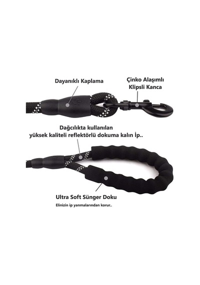 Technosmart Köpekler İçin Gezdirme Tasması Reflektörlü 130 Cm Halat Orta Ve Büyük Boy Köpekler İçin Siyah Genel