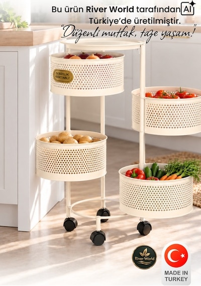 River World Tekerlekli Rengi Krem Açılabilen 4 Katlı Çok Amaçlı Metal Raf Mutfak, Balkon, Kiler Çok Renkli