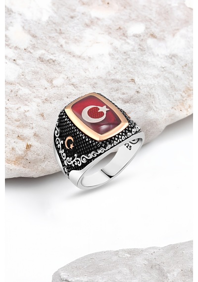Mineli Türk Bayraklı Gümüş Erkek Yüzük -4993