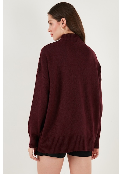 Lela Premium Oversize Fit Balıkçı Yaka Yumuşak Dokulu Triko Bayan Kazak 680Kz00469 Bordo