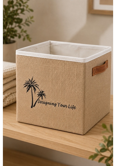 Jüt Dolap Düzenleyici Saklama Kutusu 33x33x33 Cm Katlanabilir Çok Amaçlı Organizer Sepet Doğal