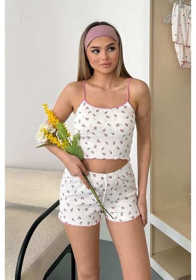 Giysa Kadın Askılı Kaplı Çiçek Desenli Şortlu Pijama Takımı Beyaz Pembe - 3403
