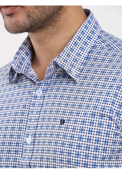 Dufy Mavi Erkek Slim Fit Puantiyeli Brent Düğmeli Yaka Uzun Kol Gömlek - 104354-mavi Mavi