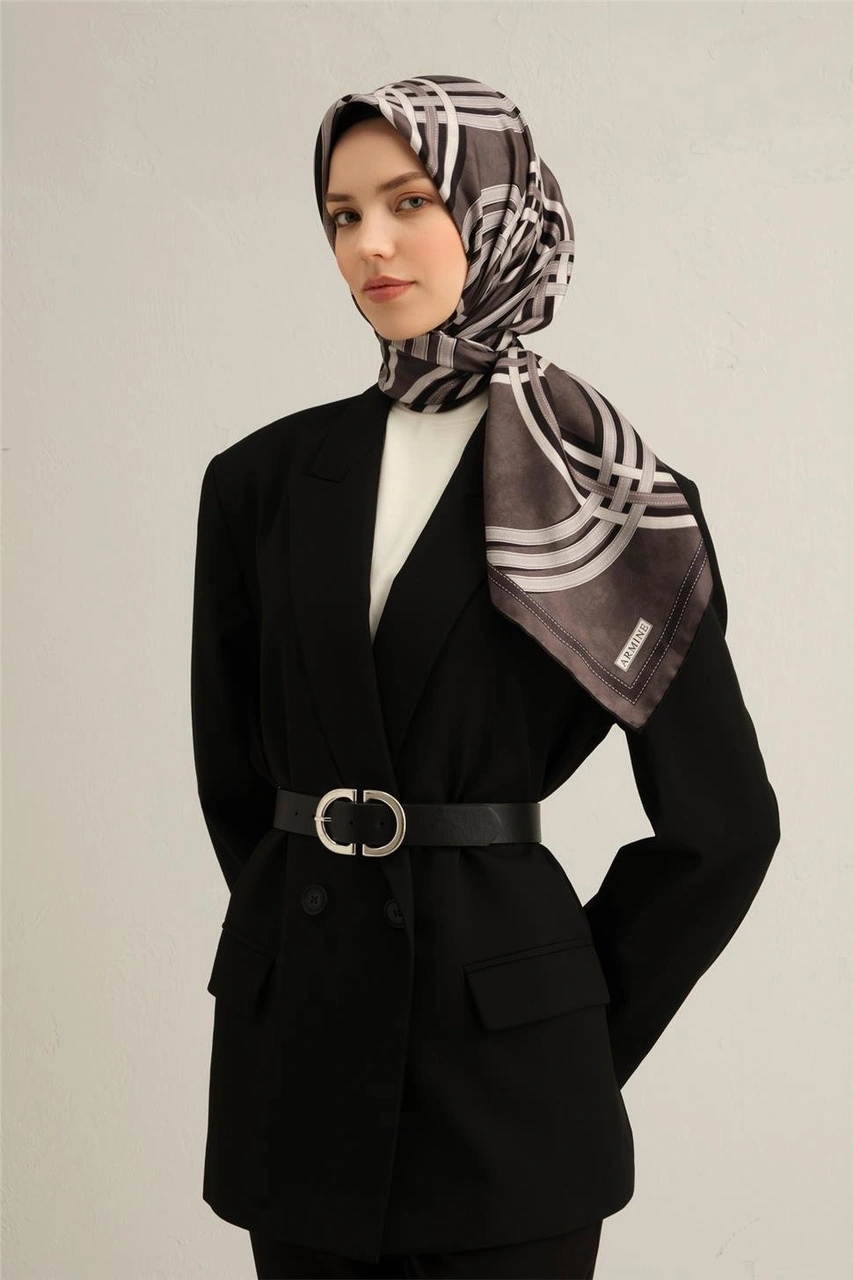 Armine Klasik Desenli Saf İpek Twill Eşarp 9333d 85 Füme