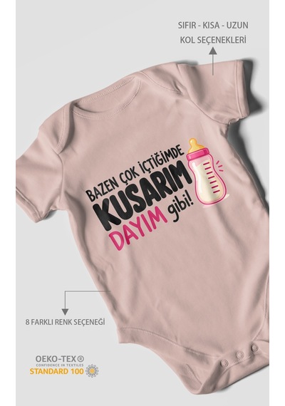 Morivokids Dayıya Özel Kısa Kollu Bebek Body %100 Pamuk Zbn186-kk Pastel Pembe