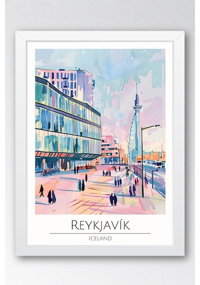 İzlanda Reykjavik Temalı Çerçeveli Tablo Travel Serisi Modern İllüstrasyon Şehir Duvar Dekoru Beyaz