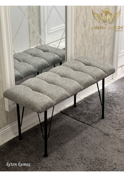 By Hakan Aşkın Metal 4 Ayaklı 90 Cm Eco Keten Gri Puf & Bench Tekli 2024