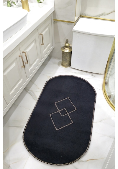Kaymaz Taban Oval Puffy Peluş Ultra Yumuşak 80x120 Cm Şık Tasarım, Suya Dayanıklı Banyo Paspası Siyah