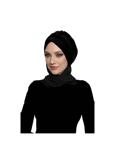 Elysianfidan Kristal Atkılı Astarlı Siyah Hazır Türban Tesettür Abiye Bone Siyah