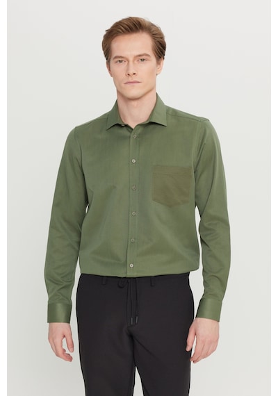 AC&Co / Altınyıldız Classics Erkek Hakı Pamuklu Tailored Slim Fit Dar Kesim Klasik Yaka Armürlü Cepli Gömlek Haki
