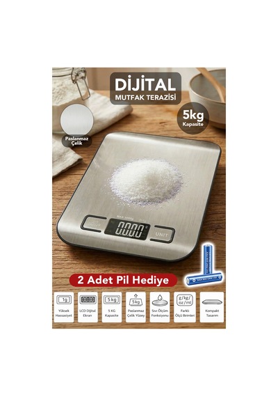 Dijital Mutfak Tartısı - Lcd Dijital Ekran 5kg Kapasiteli Paslanmaz Çelik Yüzeyli Hassas Tartı Gri