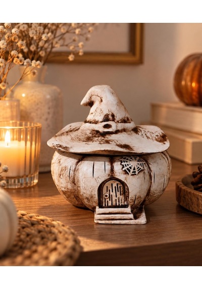 Kahve Krem Halloween Temalı Kapaklı Balkabağı Büyücü Şapkalı Dekoratif Obje Hediyelik Saklama Kutusu Biblo 79434512