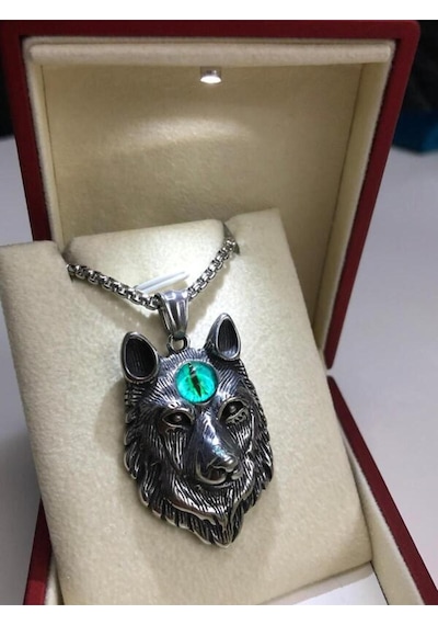 Viking Fenrir Kurt Başı Erkek Çelik Kolye Işıklı Kutuda Sevgiliye Eşe Babaya Hediye Kolye Beyaz