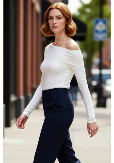 Ersefa Moda Kayık Yaka Örme Slim Çizgili Desen Casual Günlük Regular Uzu Ekru