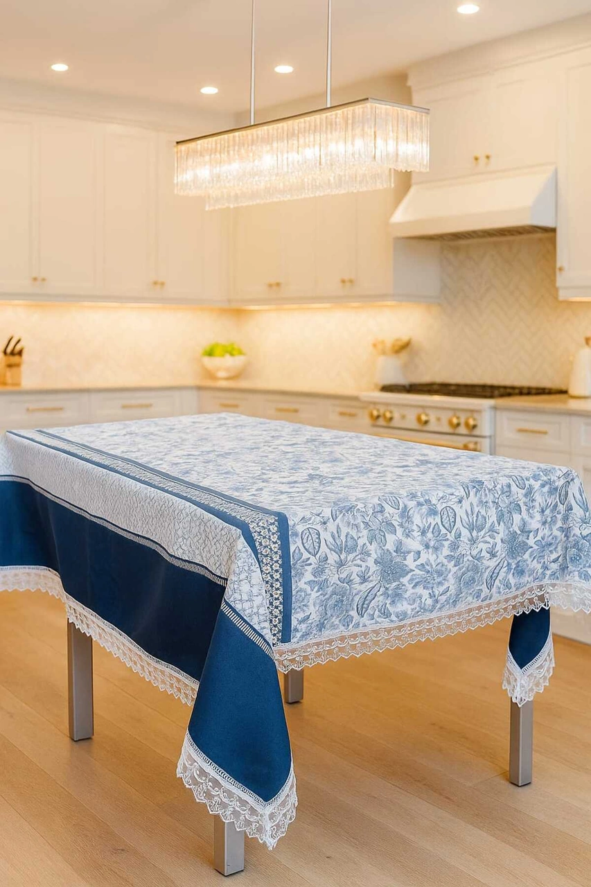 Lüks Mavi Beyaz Çiçek Desenli Masa Örtüsü Dantel Detaylı Şık Ev Dekoratif Sofra Örtüsü Lacivert