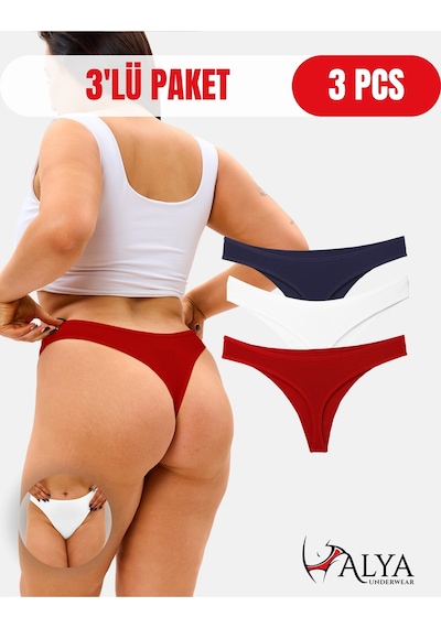 Alya Underwear Kadın Pamuklu Tanga Külot - String Iç Çamaşırı Lacivert, Kırmızı, Ekru - 3 Adet Çok Renkli T02