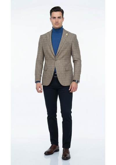Plus Scorpion Ekoseli Slim Fit Erkek Blazer Ceket Şık Modern Tasarım, Tek Düğmeli Camel