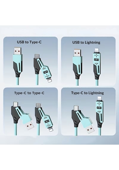 Alfais 6008 Usb Type-c Lightning 4'ü 1 Arada 65w Pd Hızlı Şarj Data Kablosu 1.5m Spiral Çevirici