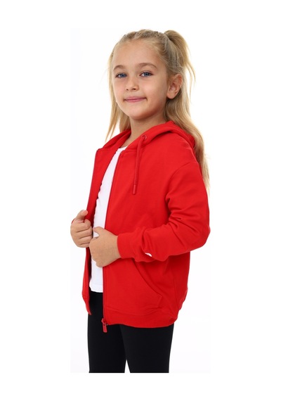 Toontoy Kız Çocuk Kapüşonlu Fermuarlı Cepli Düşük Omuz Nakış Baskılı Örme Hırka - 2 İplik Kırmızı