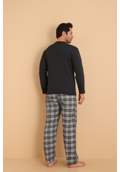 Wordex Flk 7014 İnterlok Kışlık Ekose Pijamalı Erkek Pijama Takımı Antrasit
