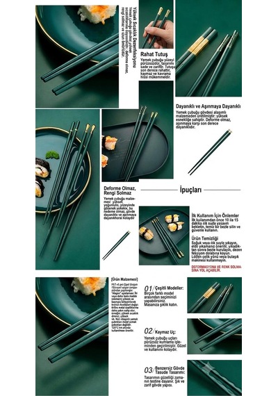Valkyrie 5 Çift Yemek Çubuğu Seti 24,3 Cm Japon Kore Sushi Chopsticks Lüks Altın Detaylı Yeşil