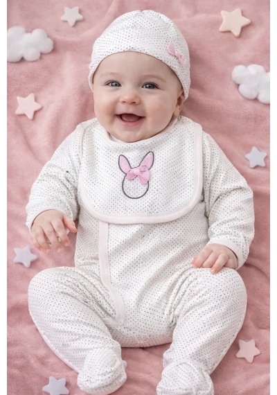 Pekminibebe Sevimli Tavşan Desenli Kız Bebek 4 Lü Tulum Seti Çok Renkli